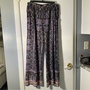 John Paul Richard Black Purple Paisley Wide Leg Flare Pants w/Pockets Sz L